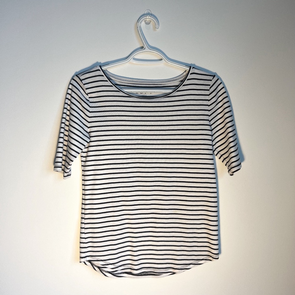 LOFT Black and White Stripe Short Sleeve Boat Neck Knit Top
